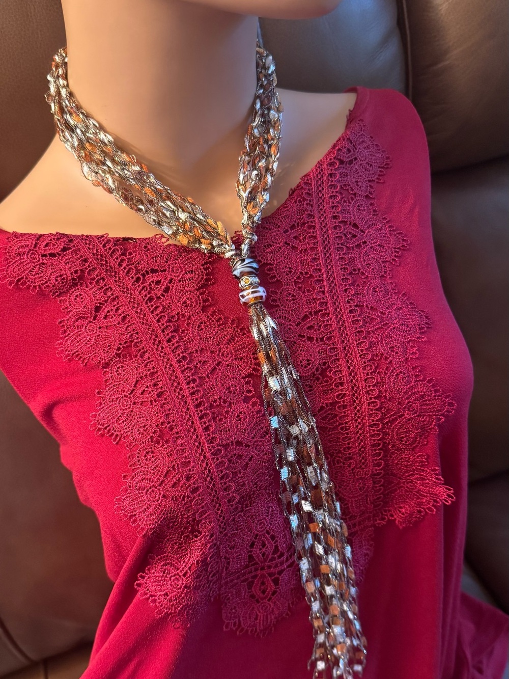 Adjustable crochet trellis/ladder ribbon yarn necklace w/glass beads